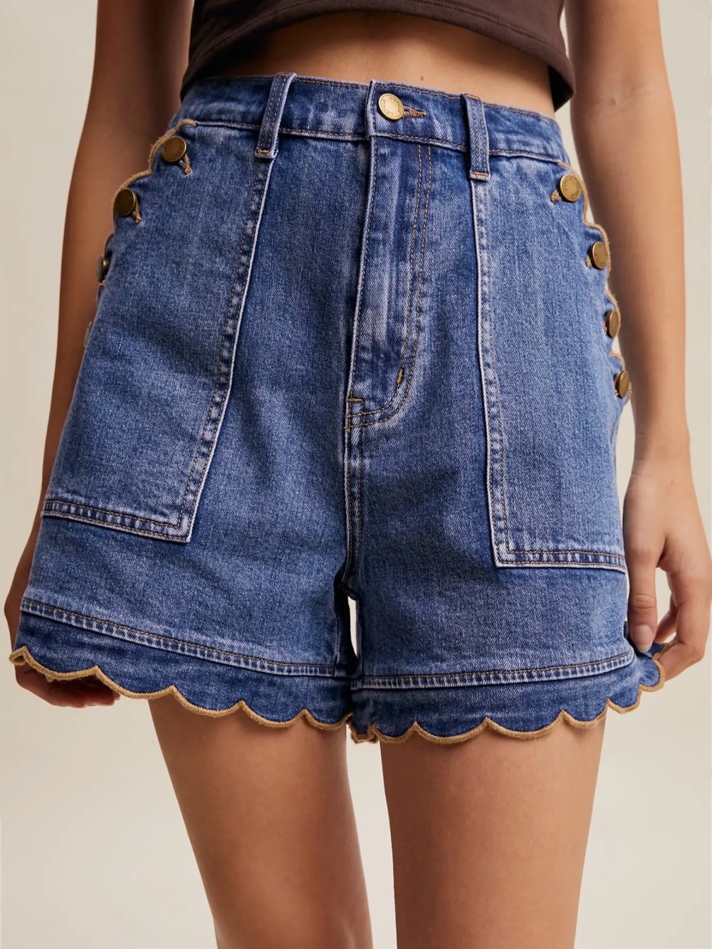 Listicle Blue Scalloped Hem Denim Shorts with Gold Buttons